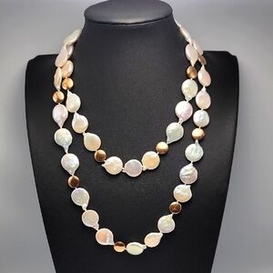 Lucas Lameth Fresh Water Coin Pearls 34" High Luster Gold  925 Sterling Necklace